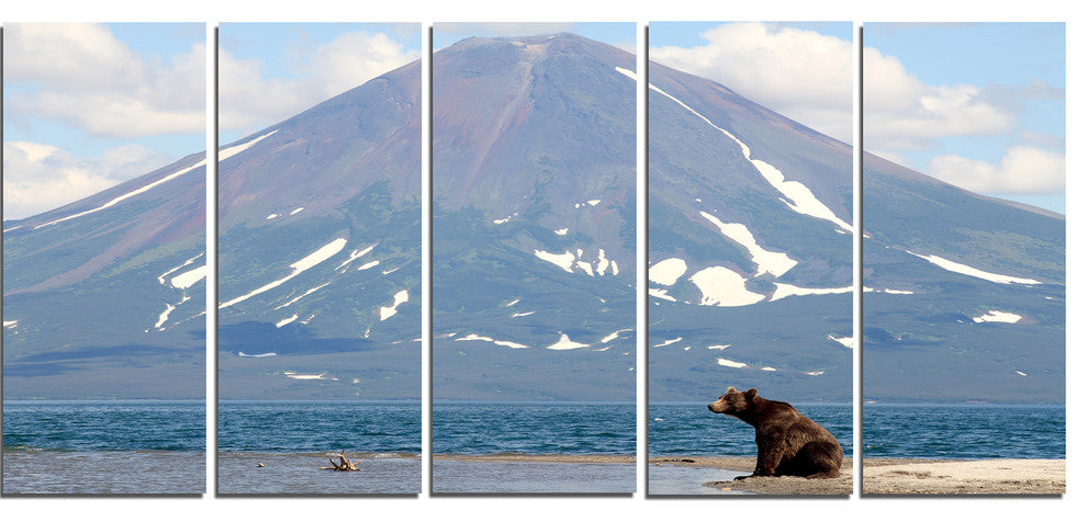 Large Bear in Front of Volcano, Landscape Canvas Wall Art, 60"x28", 5 Panels