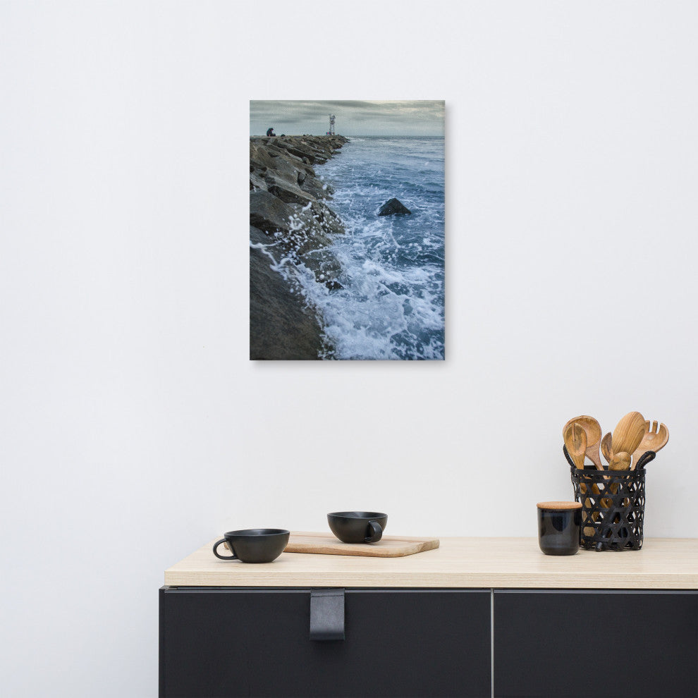 Splashing on the Jetty Coastal Landscape Photo Canvas Wall Art Print, 18" X 24"