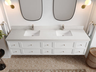 Roswell Floating 84" Double Sink Bath Vanity, White 2" Carrara Quartz