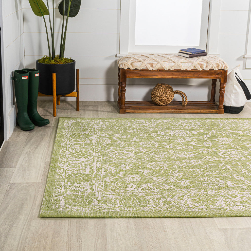 Tela Boho Textured Weave Floral Indoor/Outdoor Rug, Green/Cream, 4 X 6