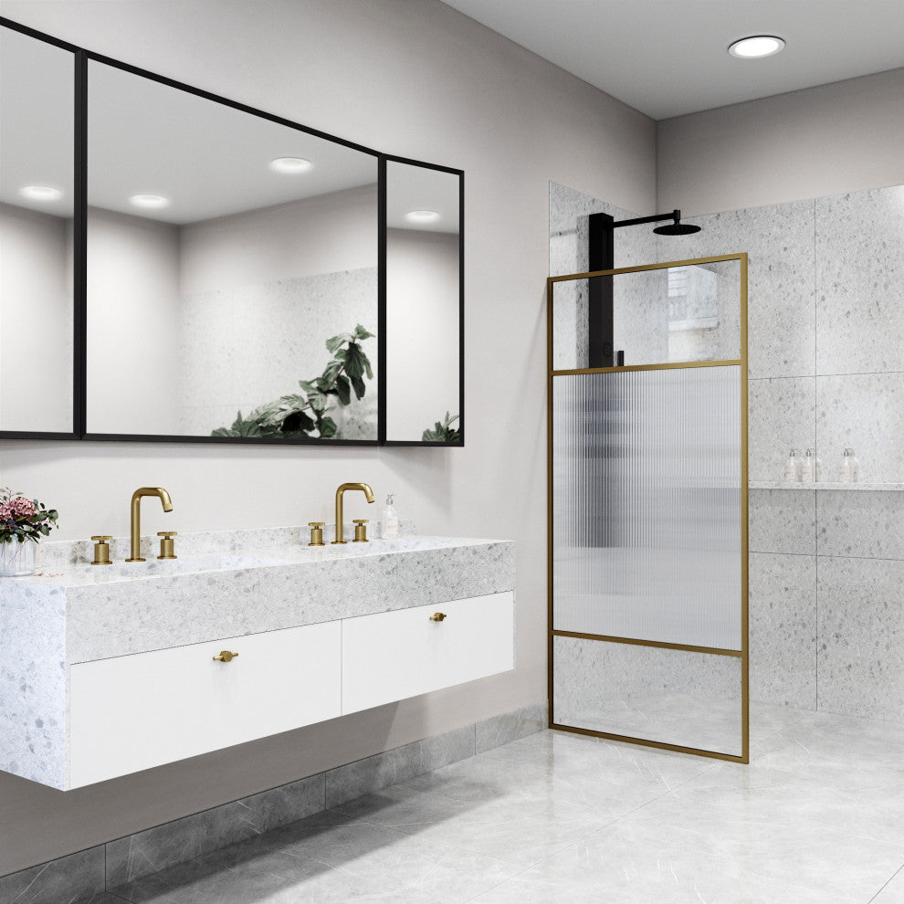 VIGO Essex 34" W x 74" H Framed Fixed Shower Screen with Fluted Glass, Matte Brushed Gold
