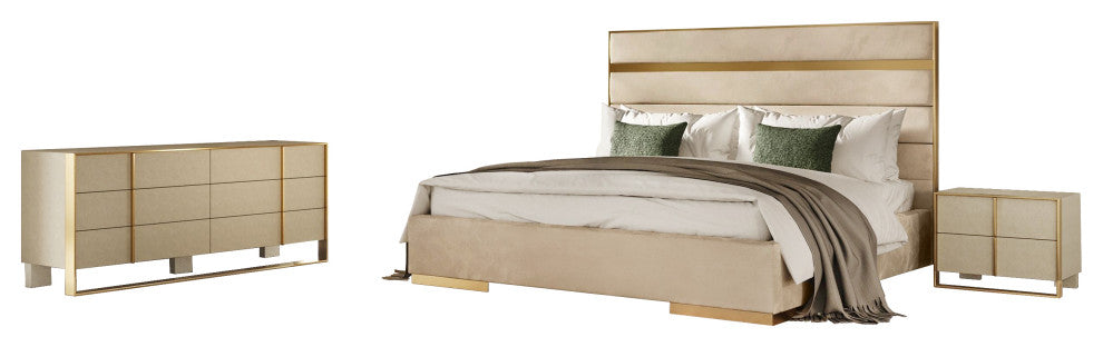 Cartier Beige Velvet + Brushed Brass 4-Piece Bedroom Set, California King