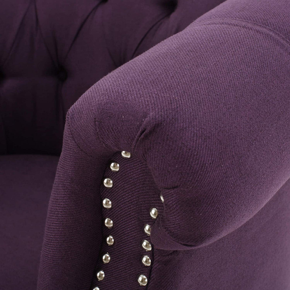 Elegant Plum Velvet Armchair with Tufted Back and Studded Scroll Arms
