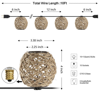 10-Light Indoor/Outdoor 10 ft C7 Globe Hemp Rope Shaded String Lights, Brown