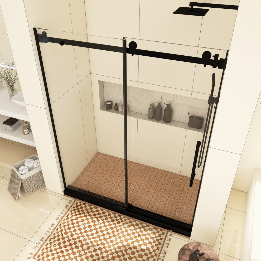 60" W x 76" H Frameless Single Sliding Shower Doors, Matt Black