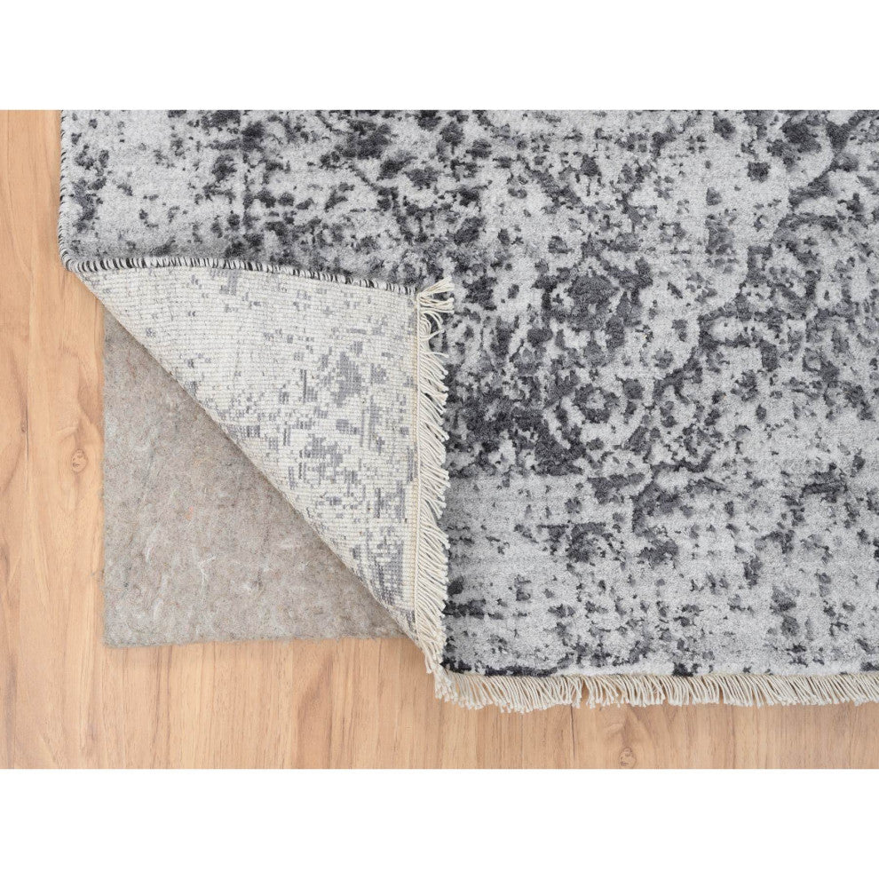 Gray Hand Knotted Erased Persian Design Wool and Silk XL Runner Rug, 2'7"x18'1"