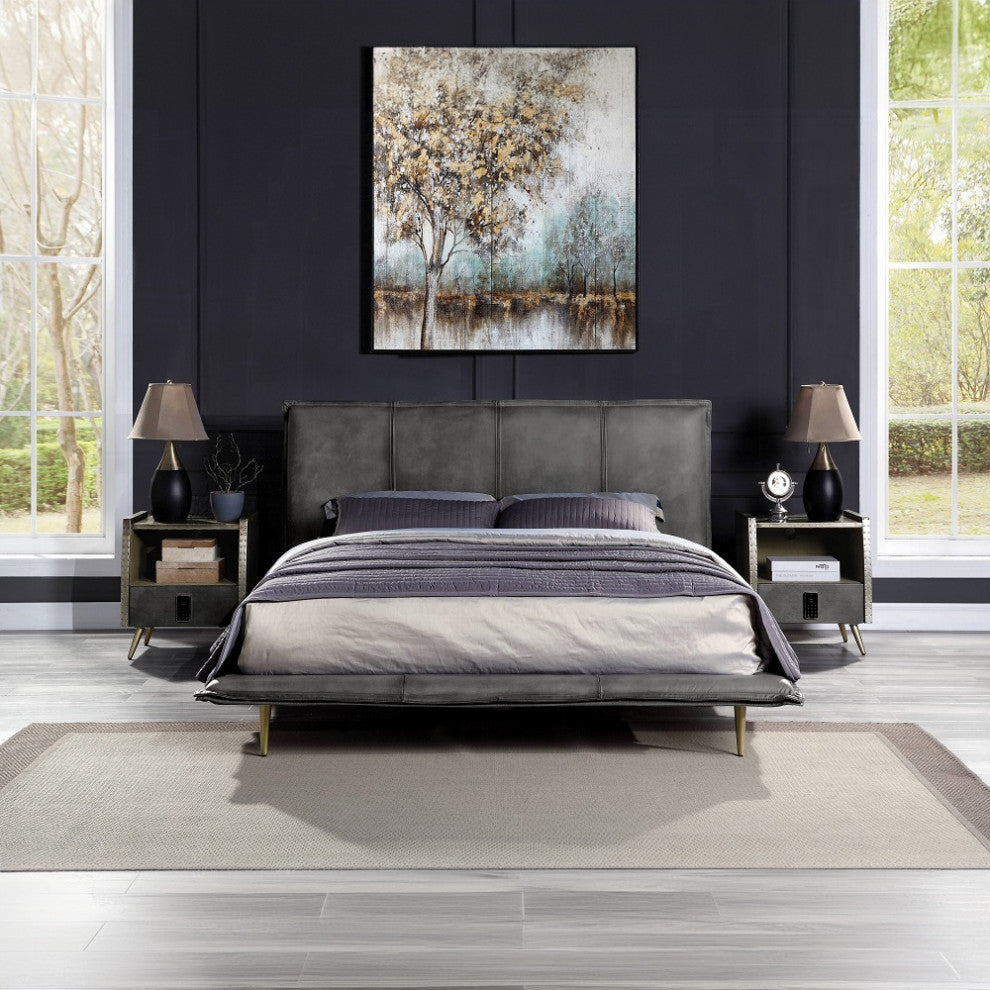 ACME Metis Eastern King Bed, Gray Top Grain Leather