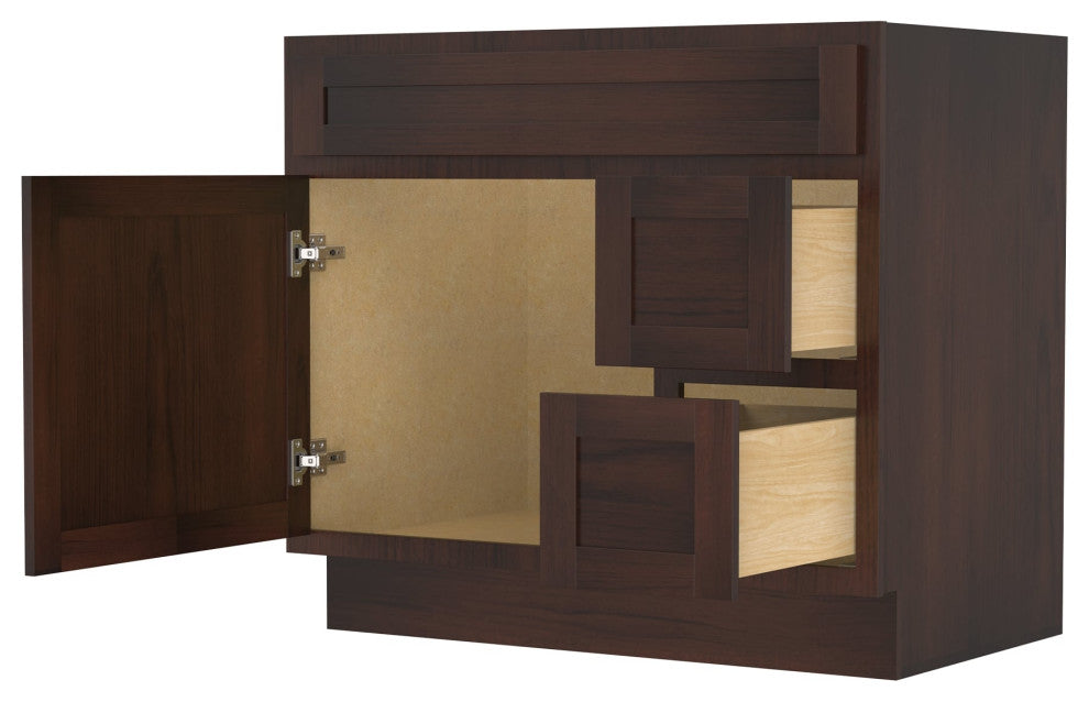 Vanity Art Vanity Base Cabinet, No Top, Drawers on Right, 36", Brown
