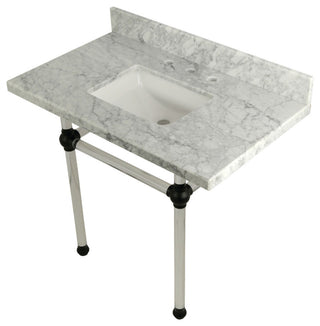 36X22 Marble Vanity Top w/Clear Acrylic Console Legs, Carrara Marble/Matte Black