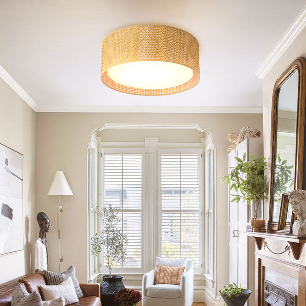 3-Light Double Shade Drum Flush Mount, Sepia Tan