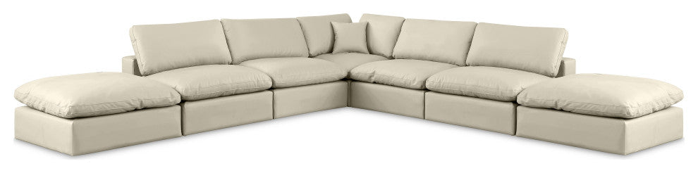 Comfy Upholstered L-Shaped Modular Sectional, Cream, 7-Piece: 4 Armless Chair, 1 Corner Chair, 2 Ottoman, Vegan Leather