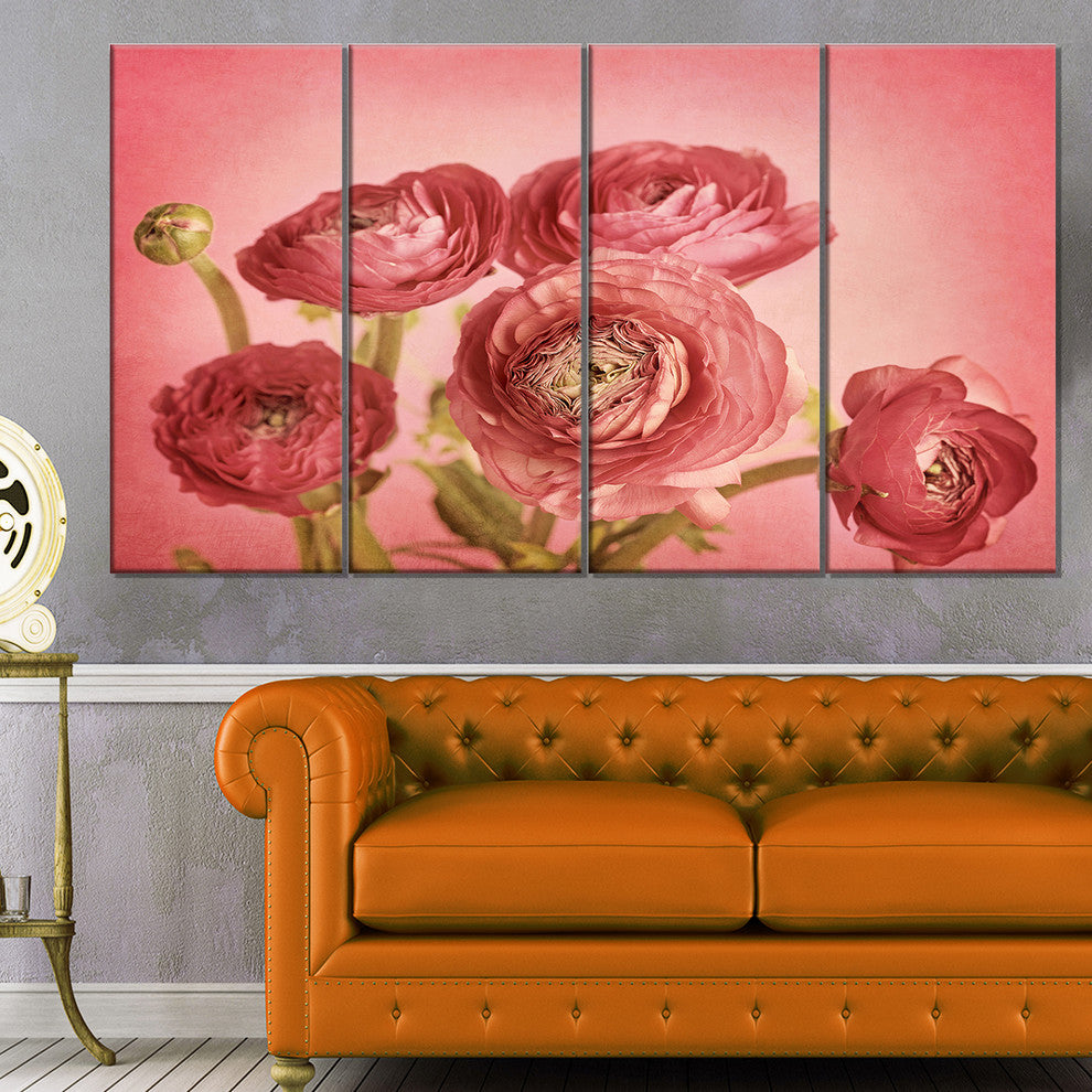 Bunch of Ranunculus Flowers on Pink, Floral Canvas Print, 48"x28", 4 Panels
