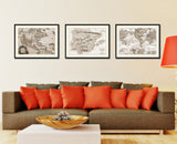 Spain Portugal Sepia Map Print On Canvas With Black Custom Frame, 28" X 37"