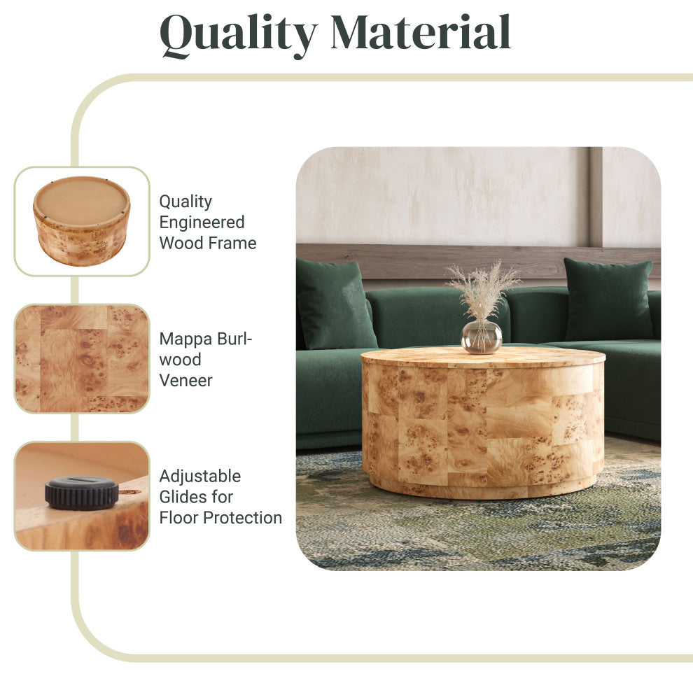 Arsenio Burl Wood Round Table, Natural Burl, Coffee Table