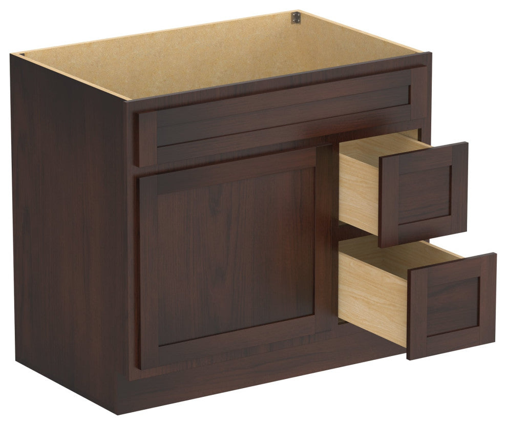 Vanity Art Vanity Base Cabinet, No Top, Drawers on Right, 36", Brown