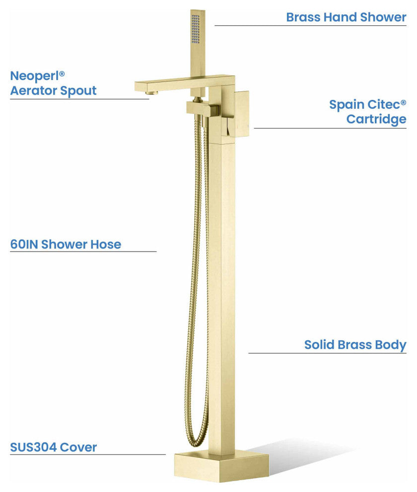 Cube Single Handle Floor Mount Tub Filler With Hand Shower, Brushed Gold