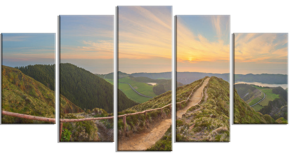 "Hiking Trail And Beautiful Lakes" Landscape Wall Art, 5 Panels, 60"x32"