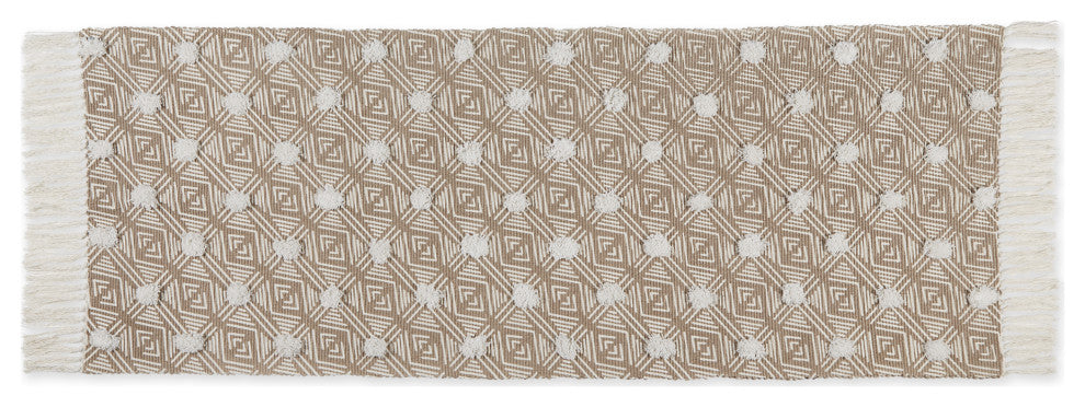 Stone Diamond Printed Off-White Hand-Loomed Shag Rug Runner 2Ft 3Inx6Ft