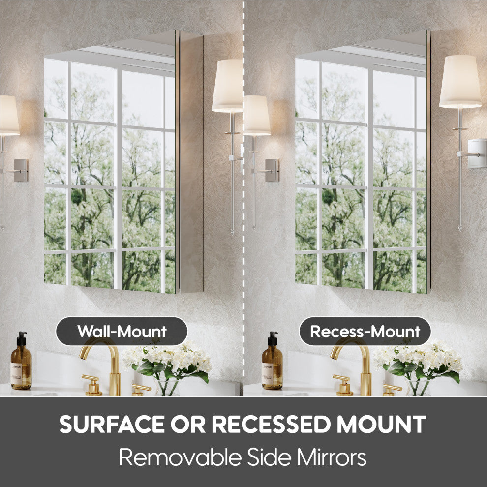 Recessed/Surface Mount Bathroom Medicine Cabinet, Soft-Close Blum Hinges, Left Swing, 24"x30"