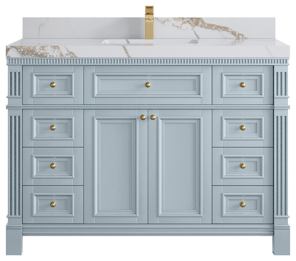 Paris 48" Single Sink Bathroom Vanity, Blue Heather 2" Calacatta Gold
