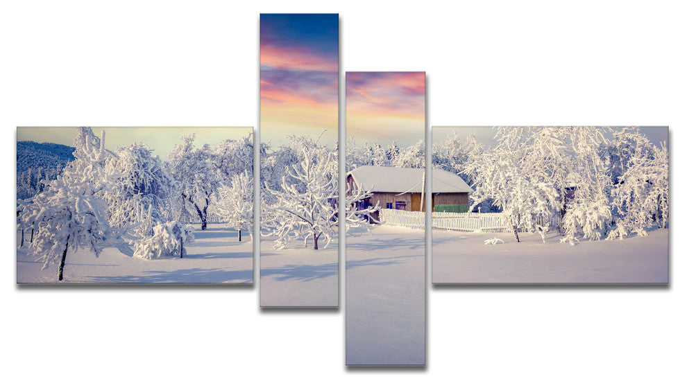 Snowfall Covering Trees and Houses, Landscape Canvas Print, 60"x32", 4 panels