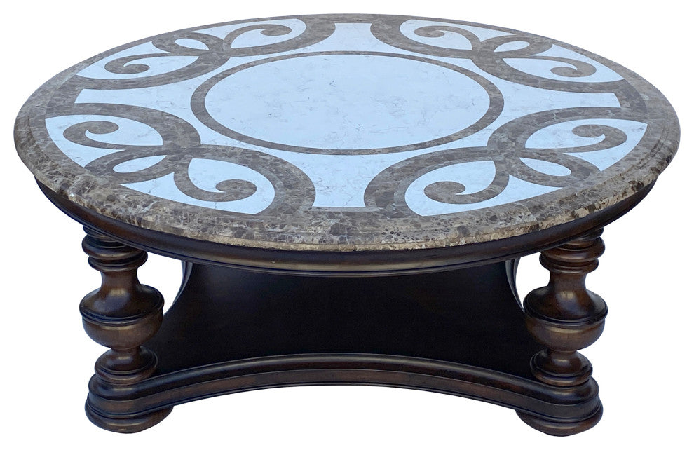 Vintage Estate Round Ribbon Cross Pattern Marble Top Coffee Table Hcs6081