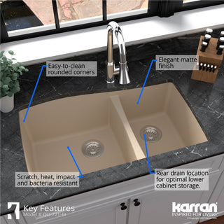 Karran Undermount Quartz 33" 60/40 Double Bowl Kitchen Sink Kit, Bisque