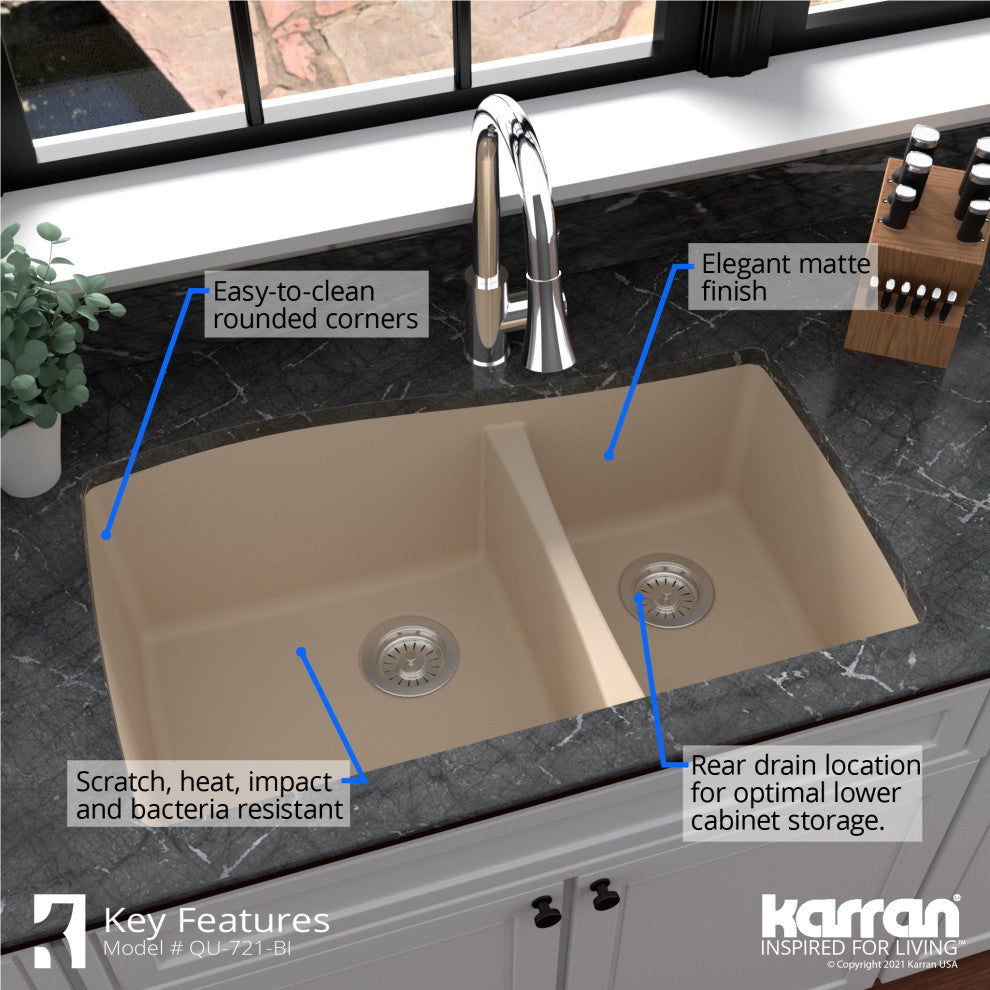 Karran Undermount Quartz 33" 60/40 Double Bowl Kitchen Sink Kit, Bisque