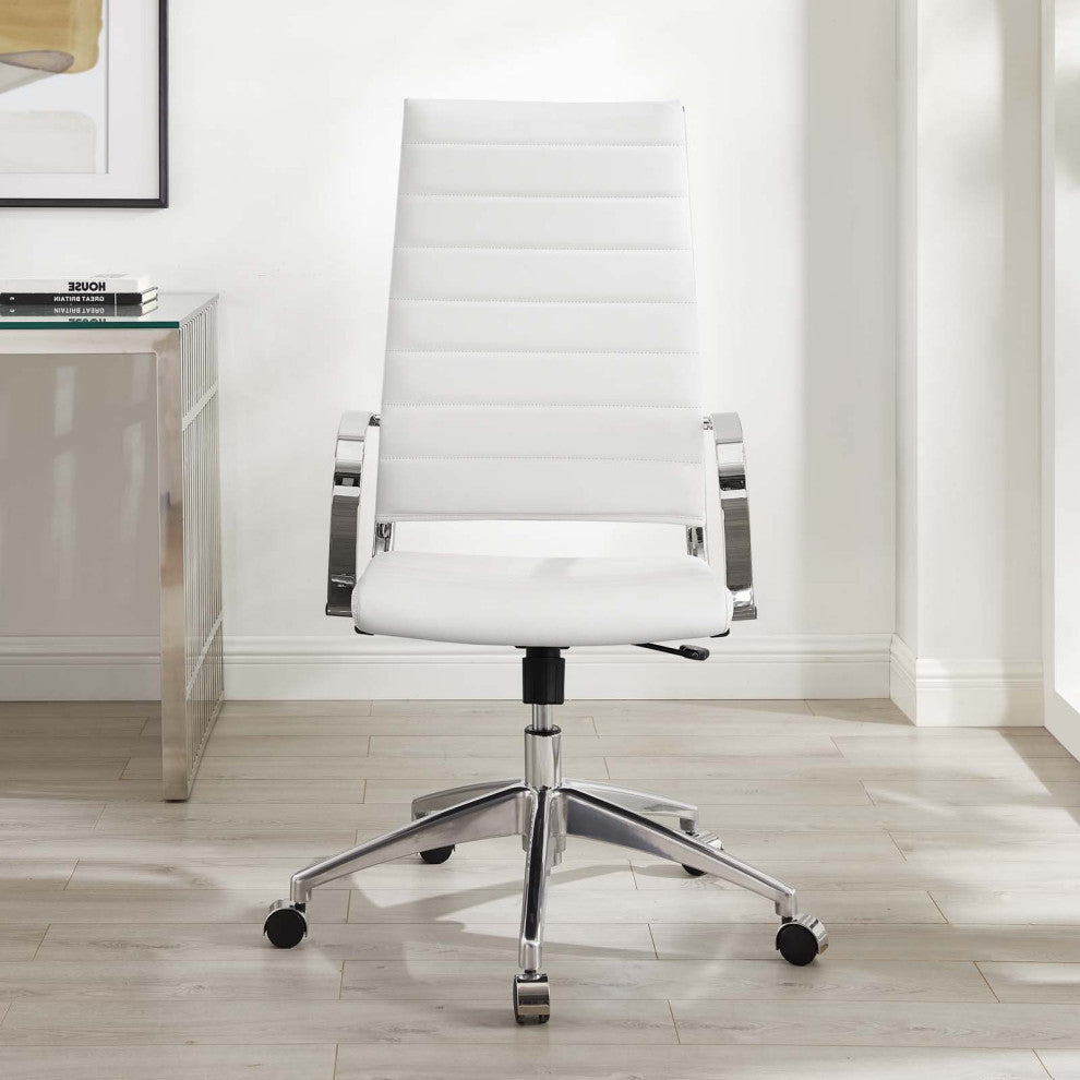 Computer Work Desk High Back Chair, Faux Leather, White, Home Business Office