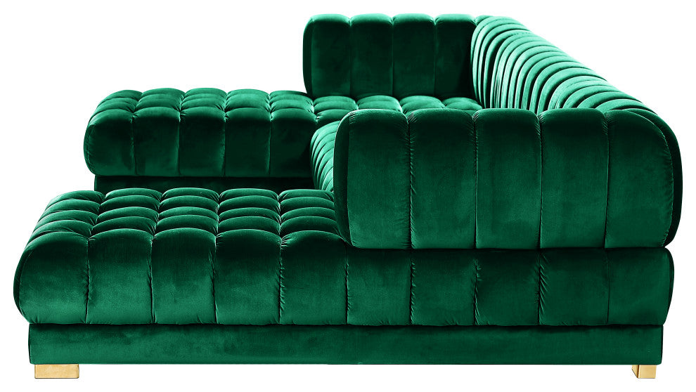 Gwen Biscuit Tufted Velvet Upholstered 3 Piece Sectional, Green