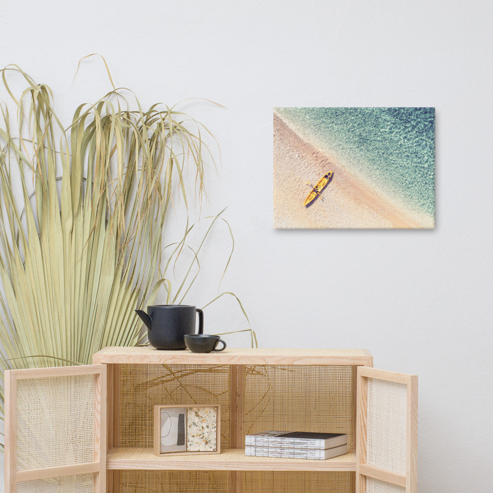 Yellow Canoe and Blue Sea by with Soft Violet Effect Canvas Wall Art Prints, 18" X 24"