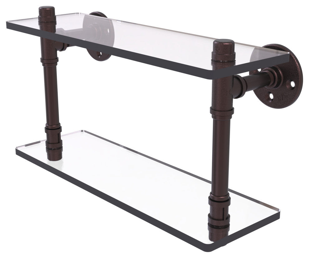 Pipeline Double Glass Shelf, Antique Bronze, 16"