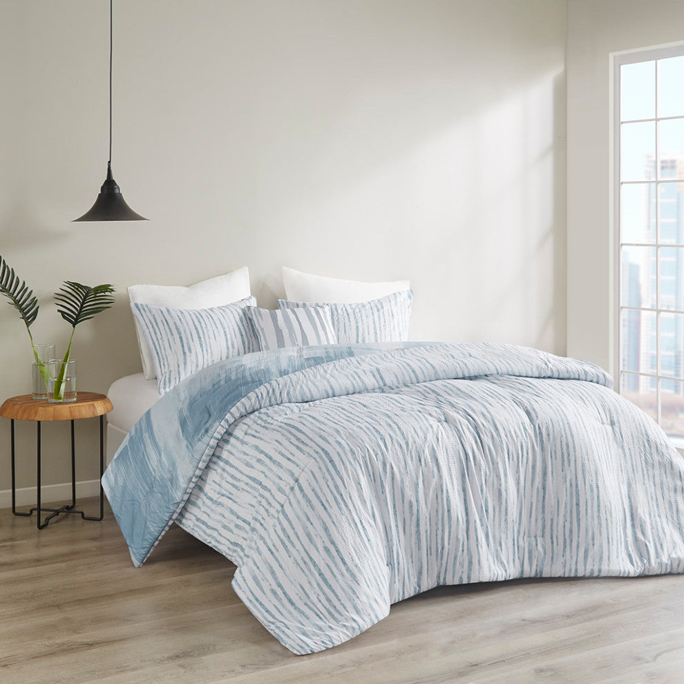 N Natori Reversible Brush Stroke, Blue, King, 4pc Comforter Set
