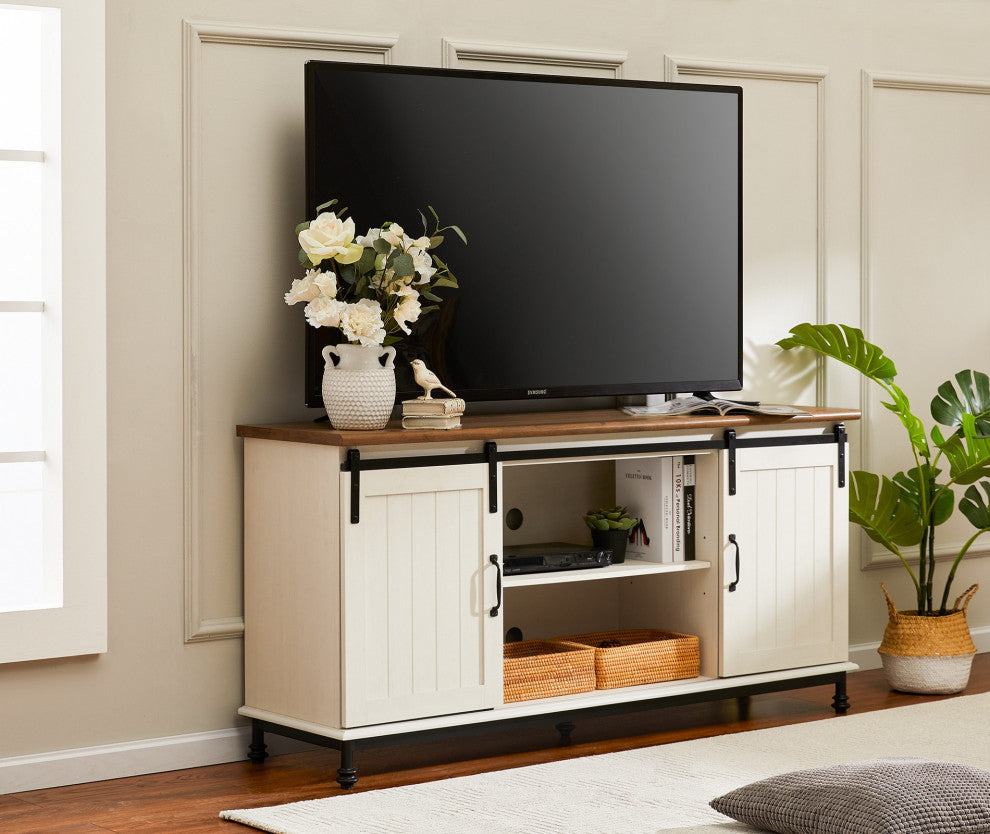 White and Oak Modern Farmhouse TV Stand With Storage