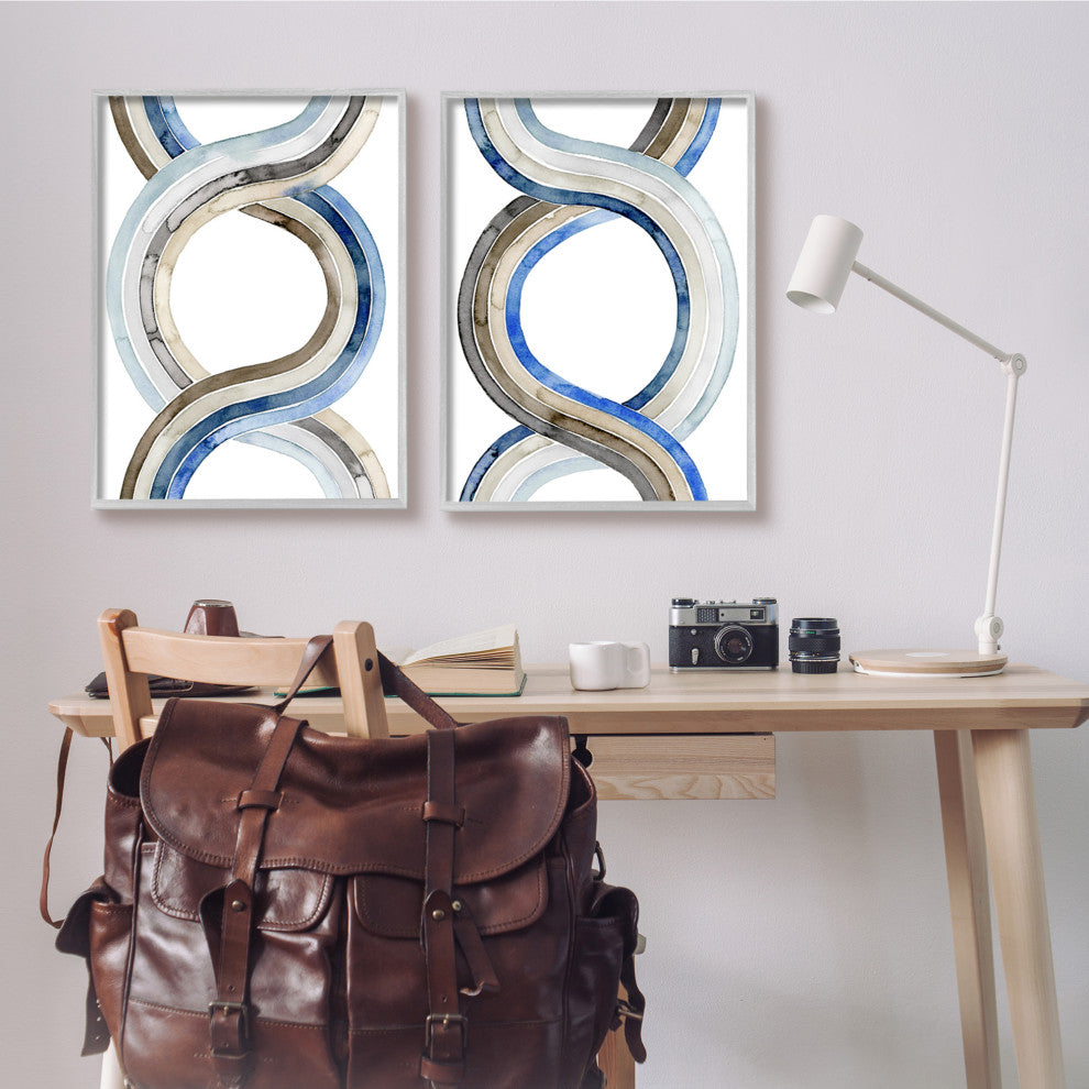 Two Dimensional Spiral Helix Brown Blue Abstract Lines,2pc, each 24 x 30