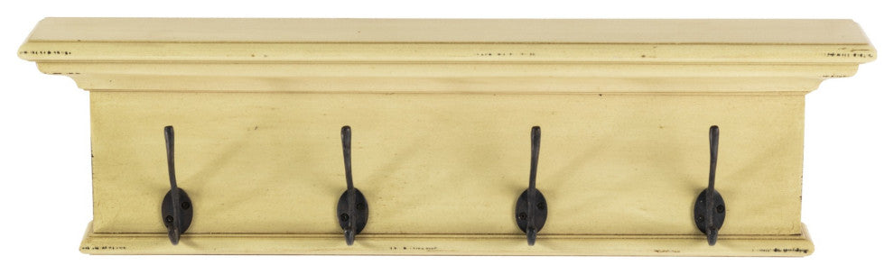 Rustic Antiqued Yellow Wood Four Hook Hanging Coat Rack