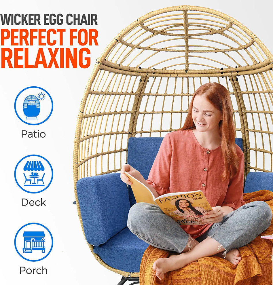 Contemporary Outdoor Lounge Chair with Egg-Shaped Design & Cushioned Seat, Navy