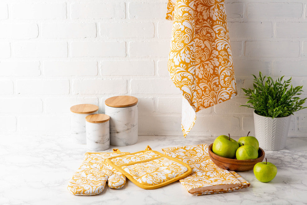 Mustard Damask Dishtowel Set of 2