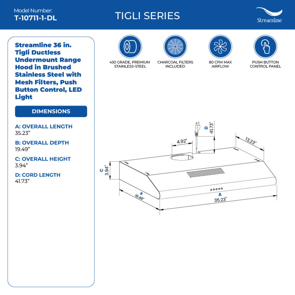 Streamline 36" Tigli Ductless Undermount Range Hood, Stainless Steel