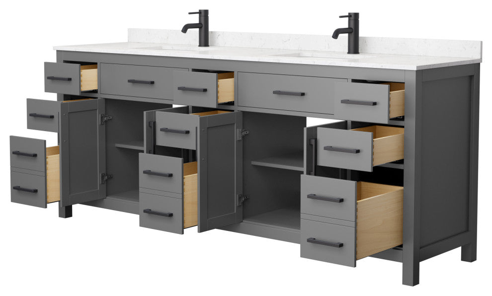 84"DBL Vanity Dark Gray, Carrara Cult. Marble Countertop, Sinks, Black Trim