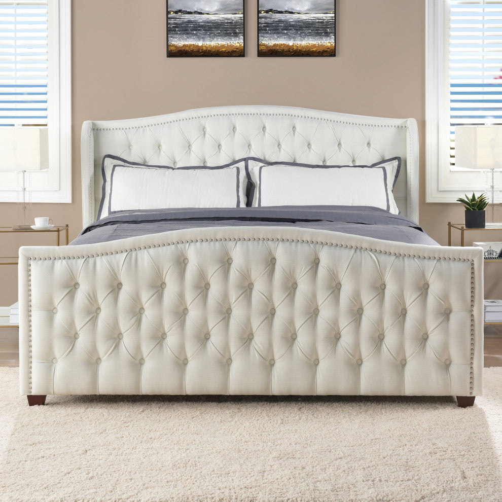 Marcella Upholstered Tufted Shelter Wingback Panel Bed, Antique White Polyester, King