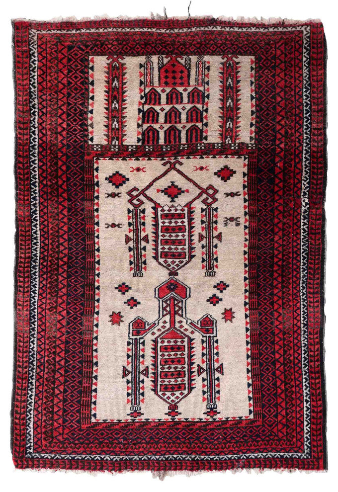 Handmade Antique Afghan Baluch Prayer Rug 2.8'x4.2', 86cmx129cm, 1910s