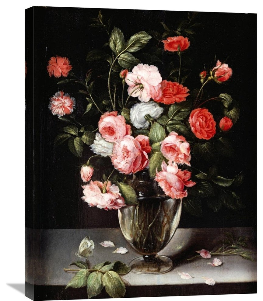 "Roses and Carnations In a Glass Vase On a Stone Ledge" Artwork, 23" x 30"