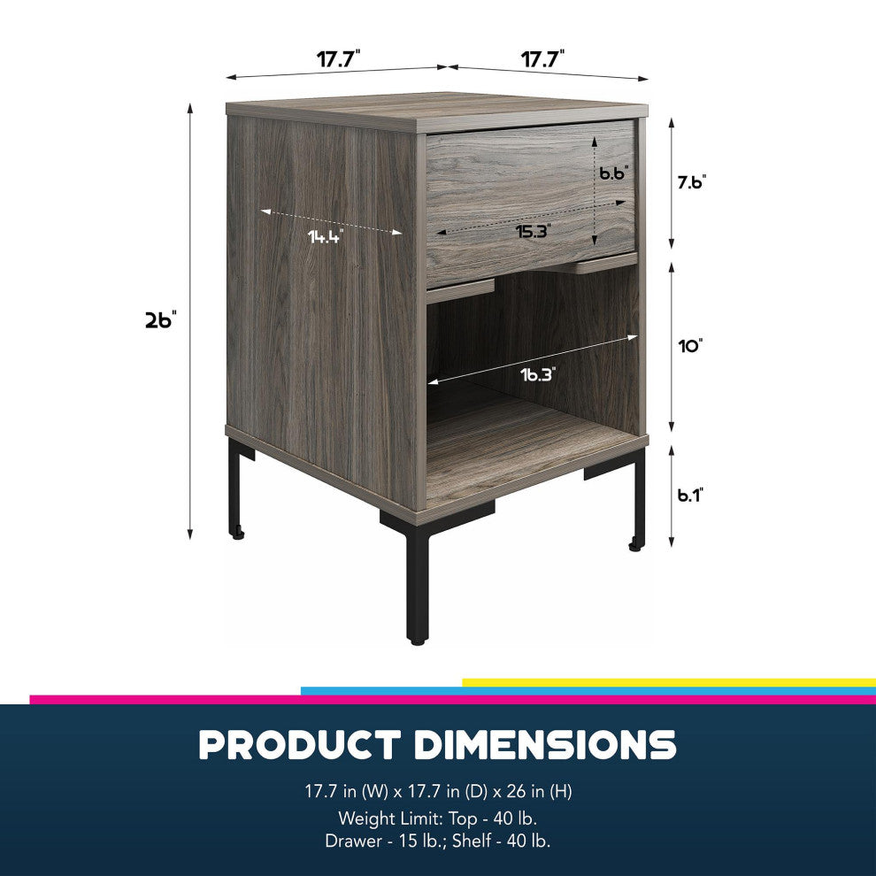 Modern Nightstand, Bottom Open Shelf & Drawer With Cut Out Pull, Weathered Oak