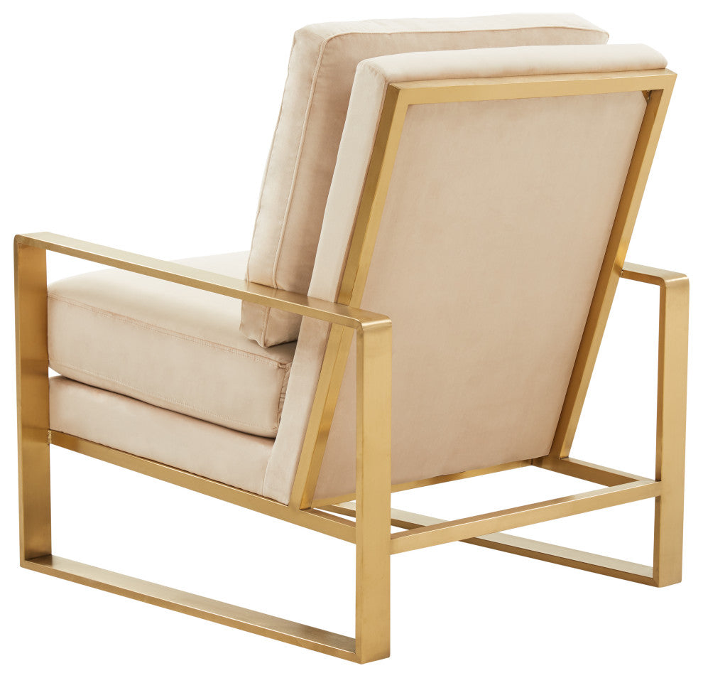 LeisureMod Jefferson Velvet Accent Armchair With Gold Frame, Beige