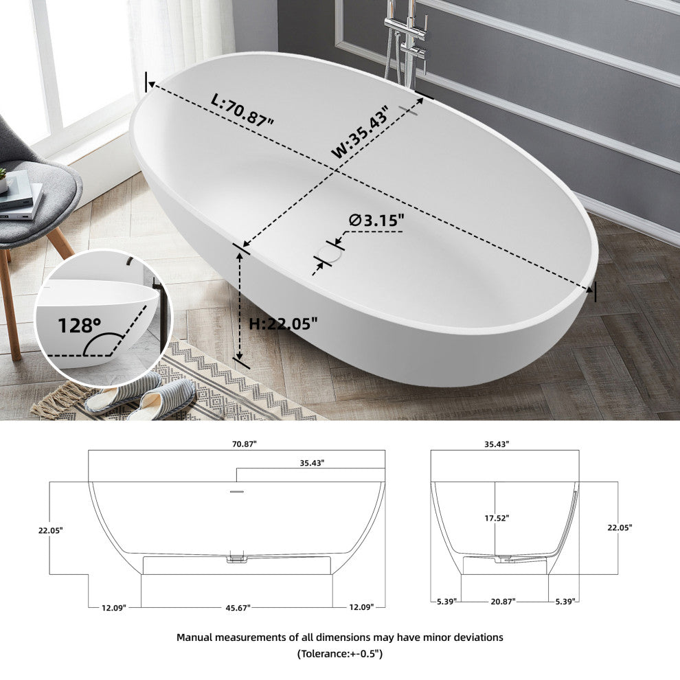 Stone Resin Solid Surface Freestanding Bathtub, White, 71"