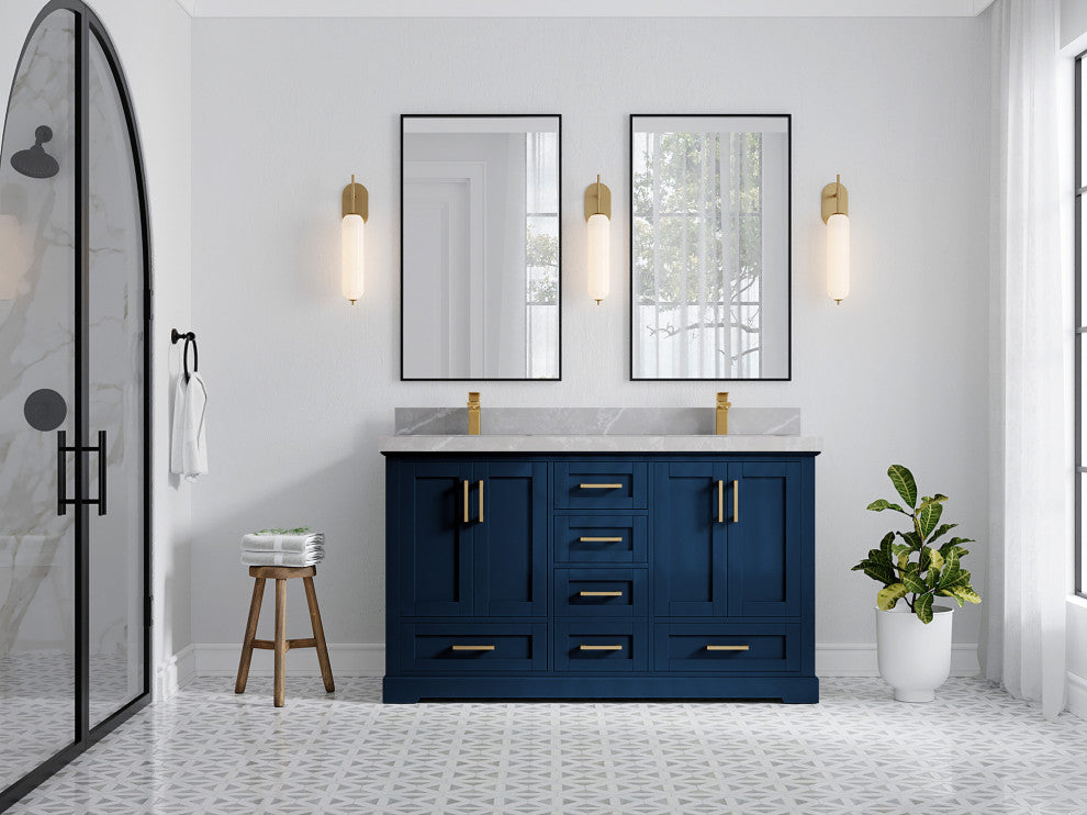 Boston 60 Double Bathroom Vanity in Navy Blue 2" Pearl Gray