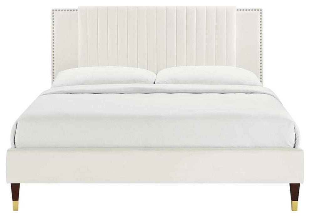 Zahra Channel Tufted Performance Velvet King Platform Bed, White