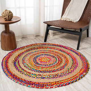 Isla Round Boho Braided Rag and Jute Multi/Natural 6' Round Area Rug