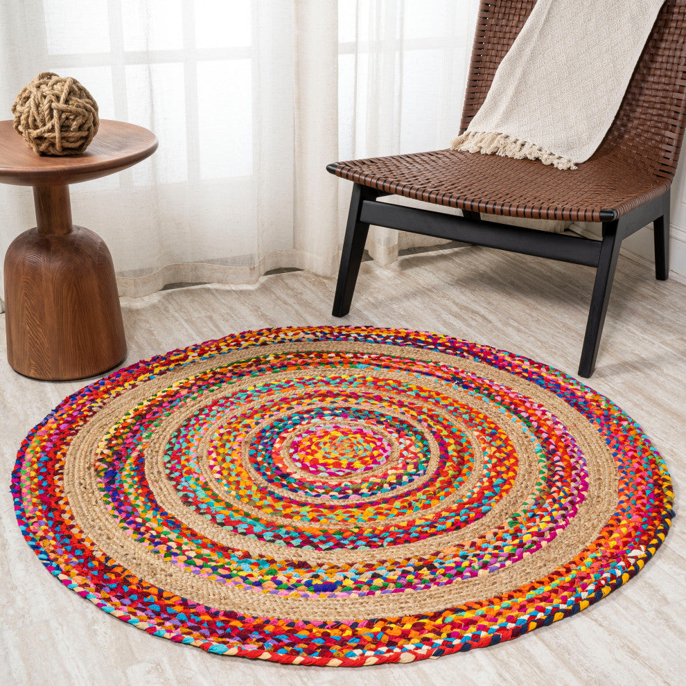Isla Round Boho Braided Rag and Jute Multi/Natural 6' Round Area Rug